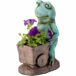 New 😍 Alpine 15 In. Tall Indoor/Outdoor Frog Pushing Wagon Planter Statue 💯