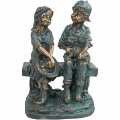 Flash Sale 👏 Alpine 16 In. Girl And Boy Sitting On Bench With Puppy Statue 👏